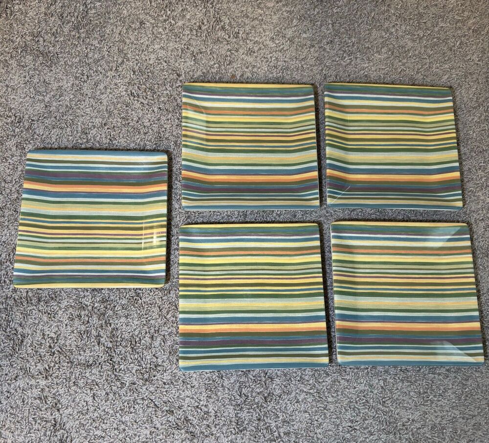 Tabletops Gallery Aurora Square Salad Plates 8.25" Multicolor Striped LOT of 5